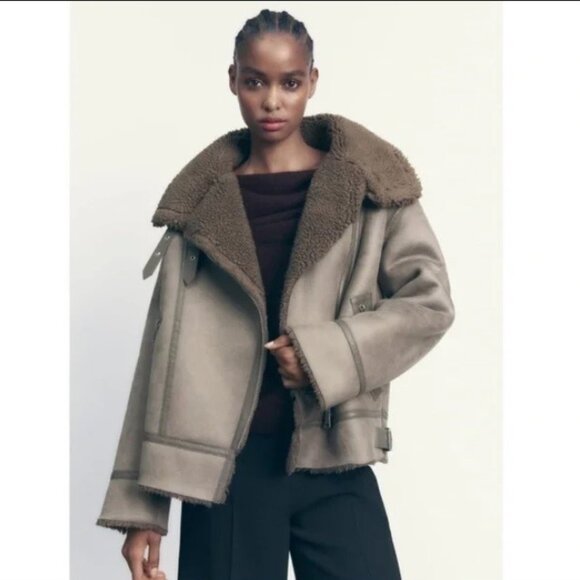 ZARA Faux Leather Shearling Fur Double-Faced Biker Jacket Aviator Coat LARGE Gra - Picture 1 of 14